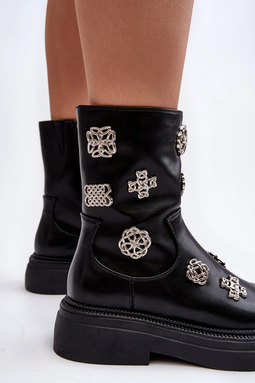 Skórzane Ocieplane Botki Z Ozdobami D&A MR870-14A Czarne