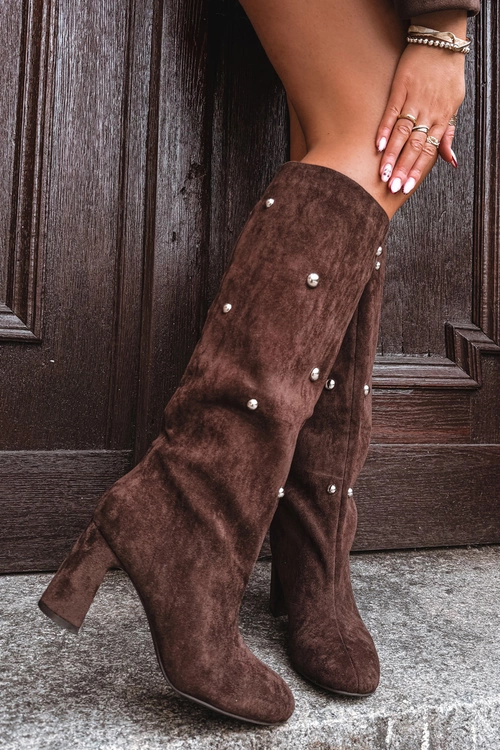 Kozaki Damskie Ocieplane Na Słupku Z Ozdobnymi Detalami Czekoladowe Lucinda