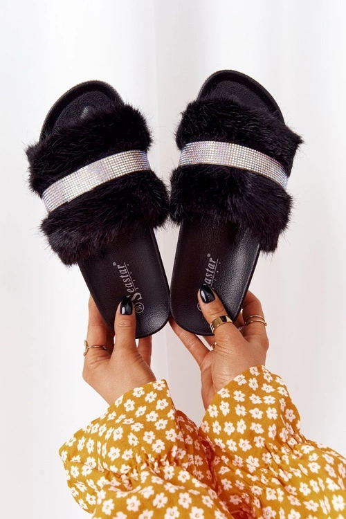 Klapki Na Platformie Z Futerkiem I Cyrkoniami Czarne Impress