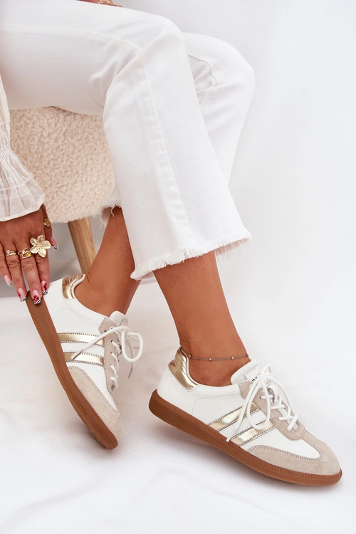 Niskie Skórzane Sneakersy Damskie Biało-Złote Ismina