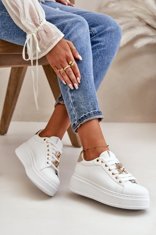 Sneakersy Damskie Na Platformie Z Misiem Białe Vailina