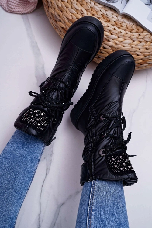 Damskie Botki Śniegowce Ocieplane Futerkiem Czarne Honor