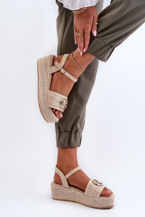 Sandały Damskie Na Koturnie Z Plecionką Beżowe Esalena