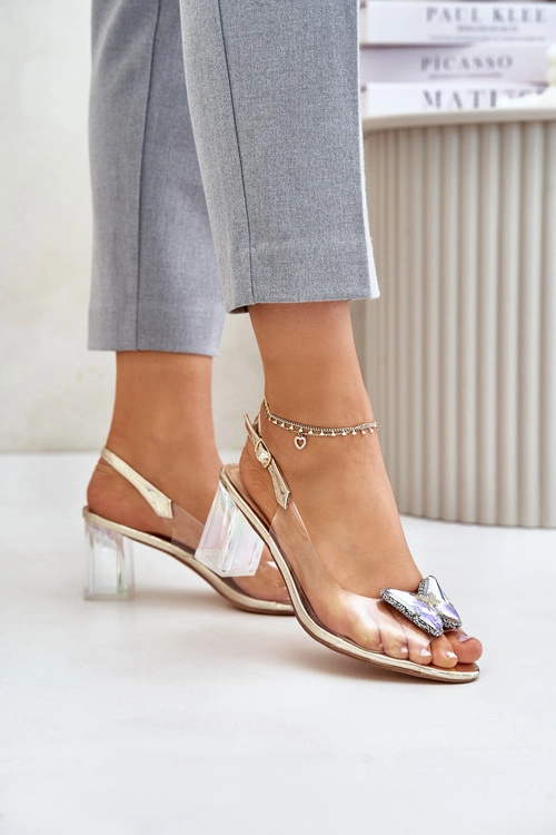 Transparentne Sandały Z Motylem Na Słupku D&A MR42-326 Złote