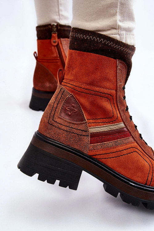 Damskie Skórzane Botki Na Płaskim Obcasie Maciejka 05624-08 Pomarańczowo-Brązowe