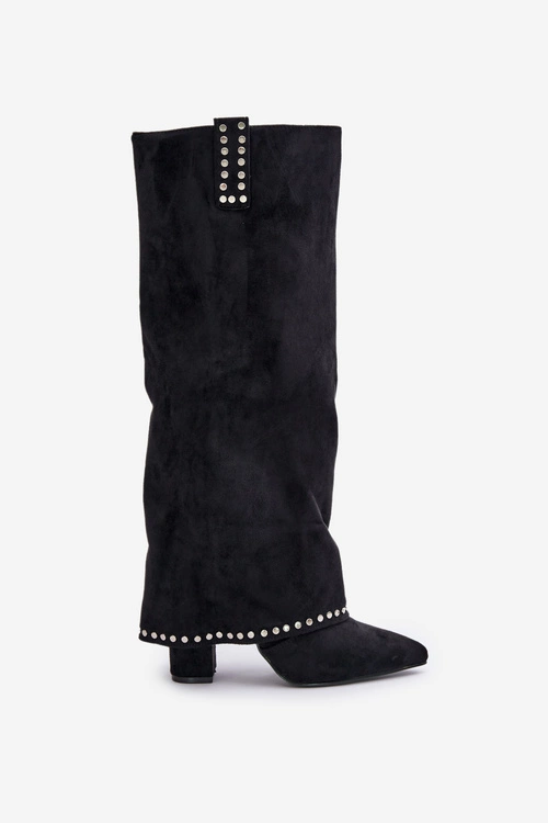 Kozaki Damskie Z Wywiniętą Cholewką Na Słupku Czarne Kaithena