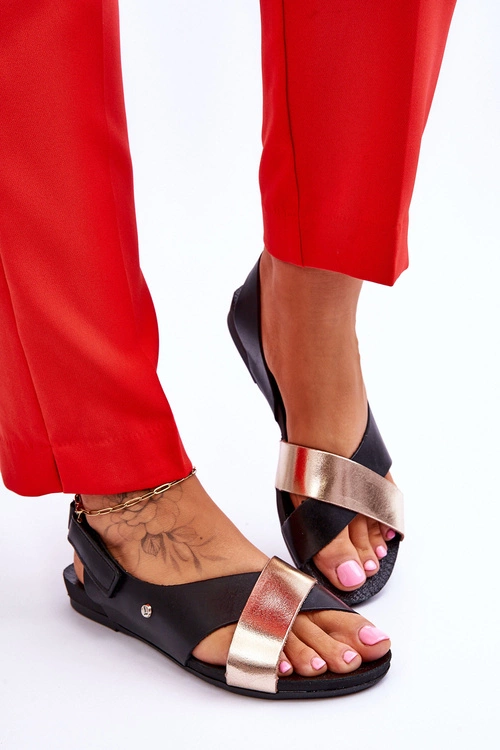 Zazoo 40141 Skórzane Sandały Na Rzep Czarno-Złote