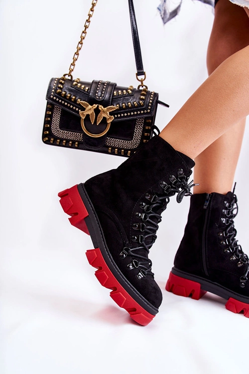 Ocieplane Zamszowe Botki Workery Wiązane Czarno-Czerwone Pierro