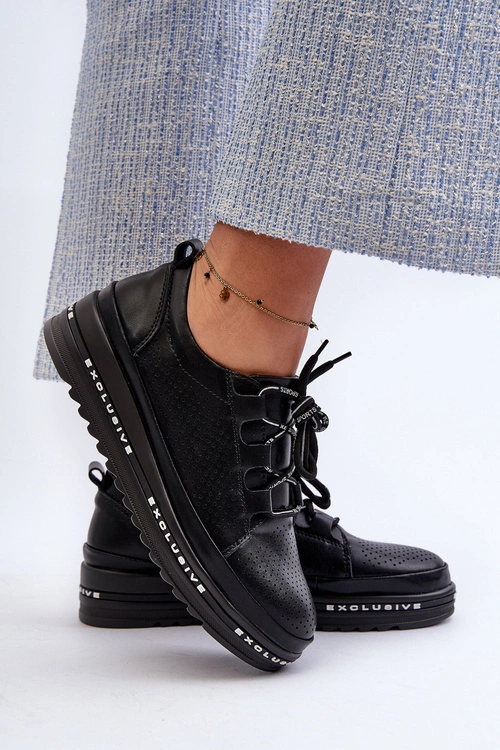 Skórzane Półbuty Damskie Na Platformie S.Barski LR769A Czarne