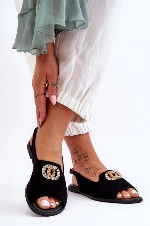 Zamszowe Płaskie Sandały Z Ozdobą Nicole 2744/002 Czarne