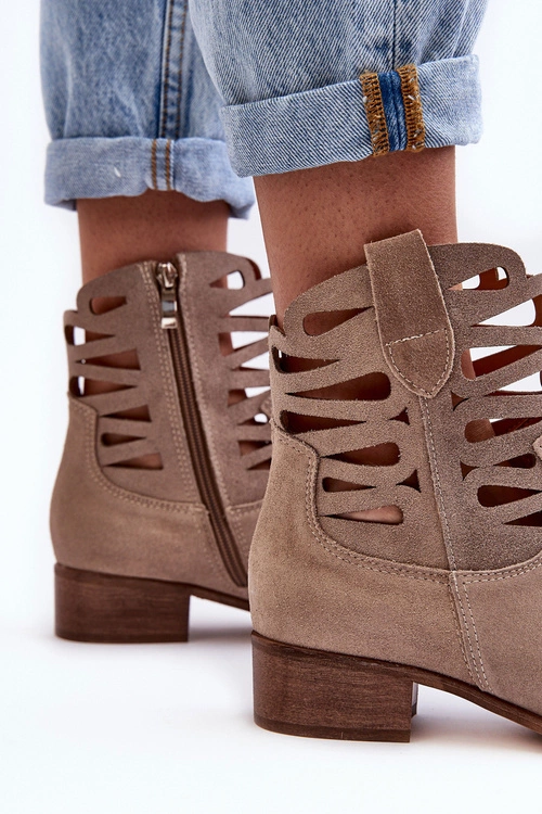 Ażurowe Damskie Skórzane Botki Ciemnobeżowe Lewski 3329