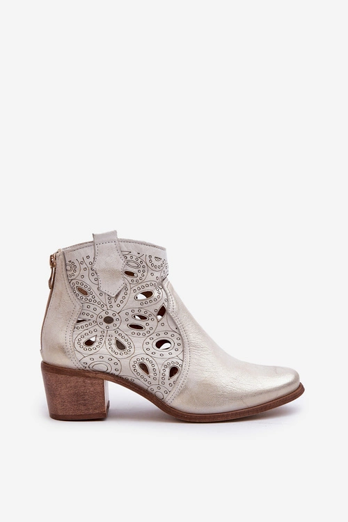 Ażurowe Botki Skórzane Lewski Shoes 3170/2 Złoty Przecierany