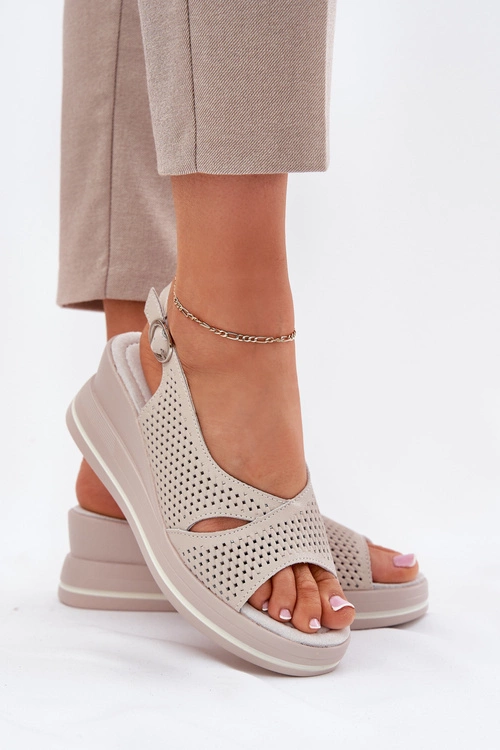 Skórzane Sandały Damskie Na Koturnie S.Barski LR51-660 Beżowe