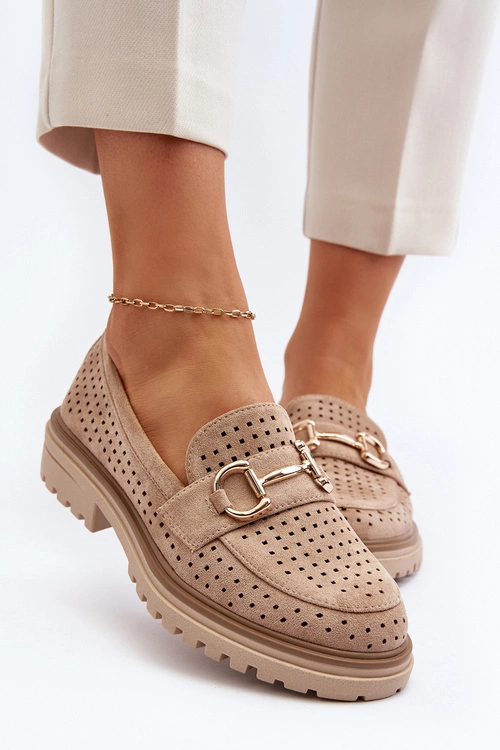 Mokasyny Damskie Ażurowe Z Ozdobą Beżowe Talesse