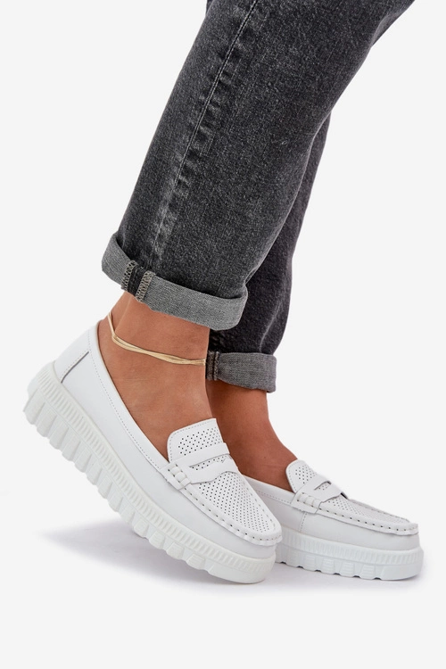 Skórzane Mokasyny Damskie Na Platformie I Koturnie Białe Elanindel