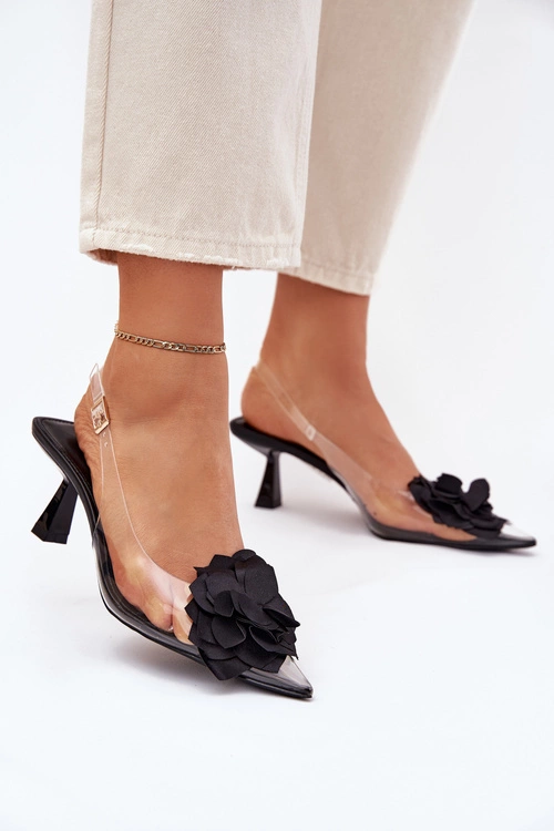 Transparentne Sandały Na Szpilce Z Ozdobnym Kwiatem Czarne Risalie