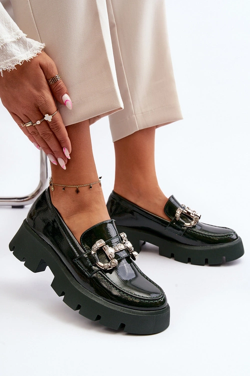 Damskie Lakierowane Mokasyny Z Ozdobą Ciemnozielone Arsaba