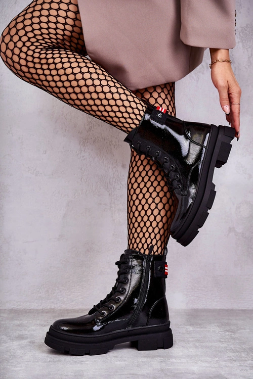 Damskie Lakierowane Botki Workery Sznurowane Czarne Conny