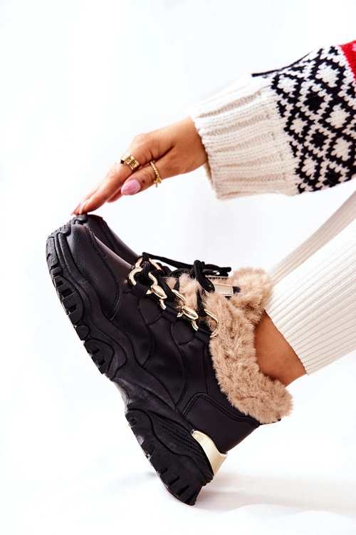 Skórzane Ocieplane Sportowe Buty Czarne Shiney