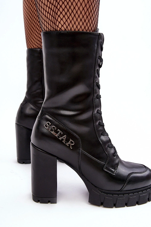 Sznurowane Skórzane Botki Na Masywnym Słupku Czarne Khariah