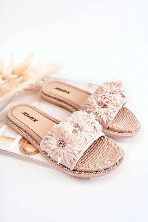 Damskie Klapki Z Materiałowymi Kwiatami Beżowe Susana