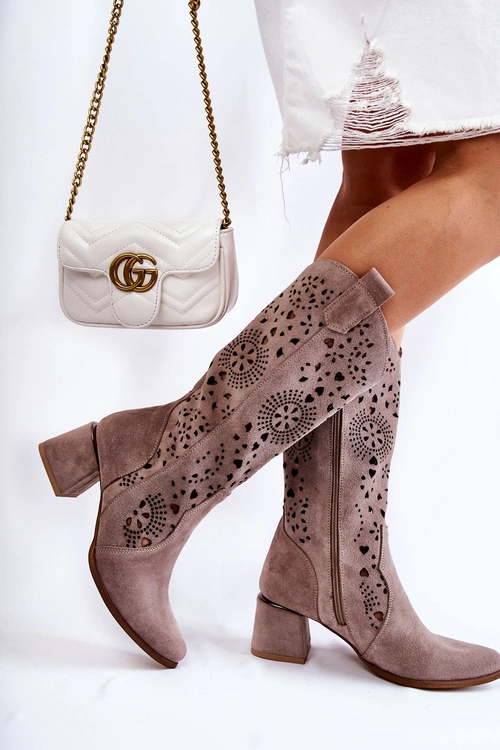 Zamszowe Kozaki Ażurowe Lewski Shoes 3171 Cappucino