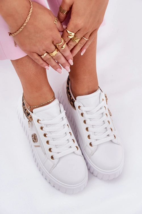 Buty Sportowe Damskie Na Platformie Z Eko Skóry Panterka Białe Velionna