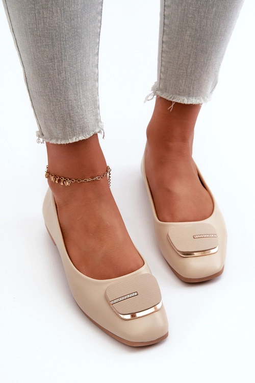 Baleriny Damskie Eko Skórzane Z Ozdobą Beżowe Edoslli