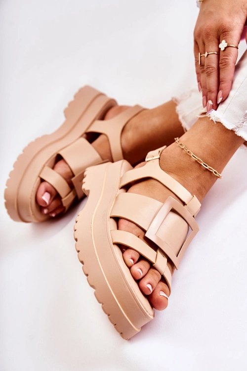 Damskie Skórzane Sandały Na Platformie Ciemnobeżowe Corene