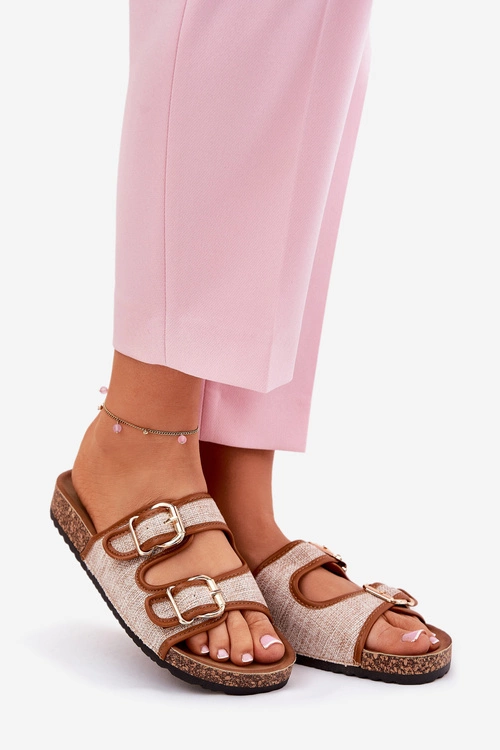 Materiałowe Klapki Damskie Na Korkowej Platformie Z Klamrami Camel Osoffe