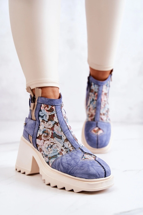 Skórzane Botki Na Masywnym Słupku Maciejka Niebieskie 05325-06