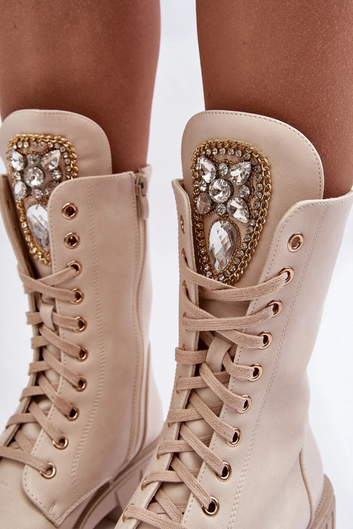 Skórzane Botki Workery Z Biżuteryjną Ozdobą Beżowe Marx