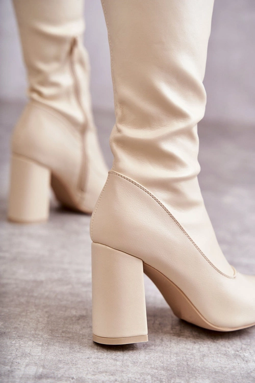 Skórzane Wysokie Kozaki Na Obcasie Beżowe Casto