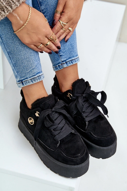 Ocieplane Futerkiem Sneakersy Damskie Na Platformie Czarne Velarisea