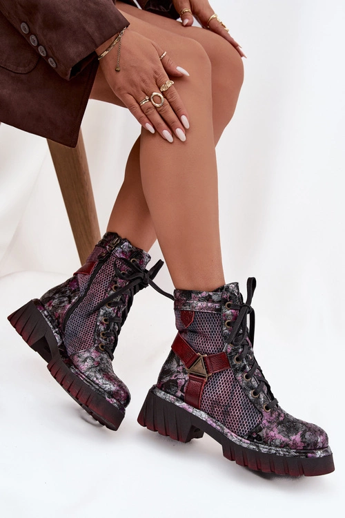 Skórzane Botki Workery Damskie Maciejka 07072-23 Bordowe