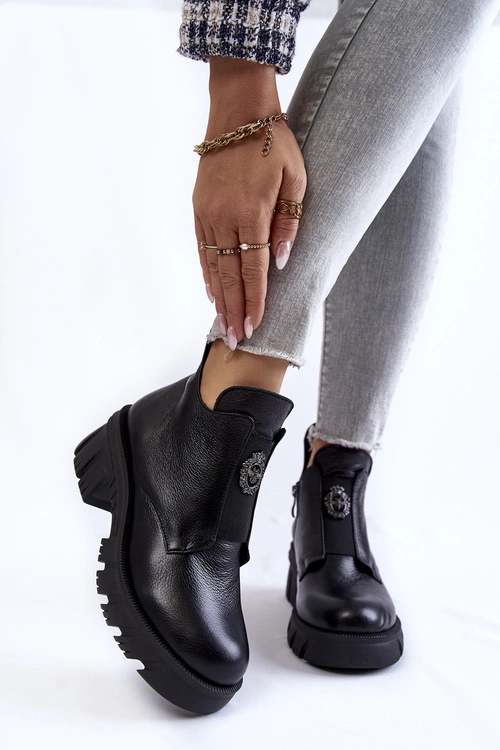 Damskie Skórzane Botki Z Ozdobą Czarne Maley