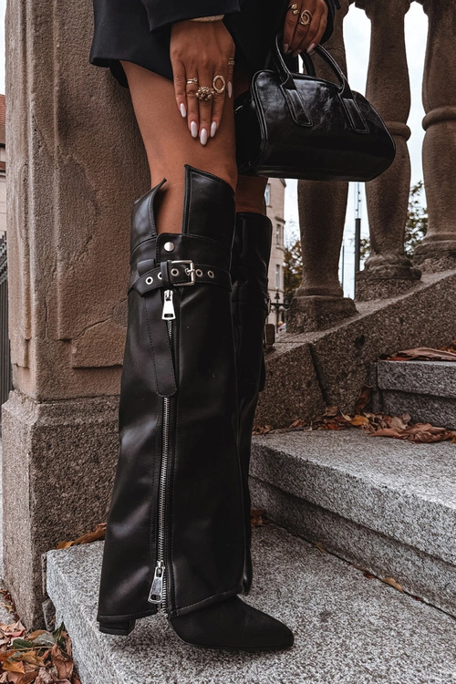 Ocieplane Kozaki Damskie Za Kolano Na Słupku Z Paskiem Klamrą I Srebrnym Zamkiem Czarne Reisa