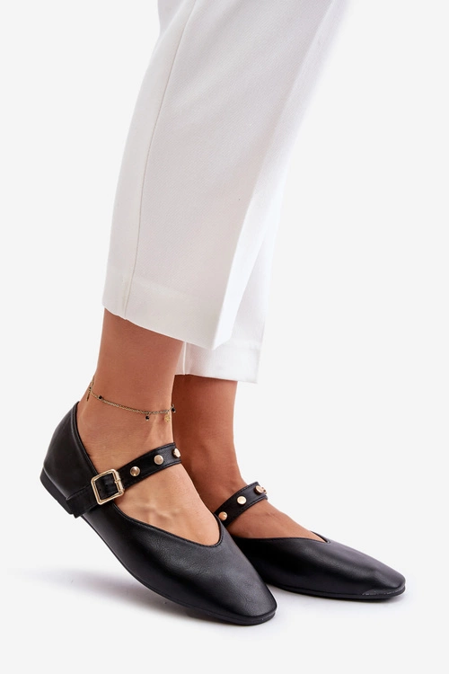 Eko Skórzane Baleriny Z Paskiem Czarne Alcionora