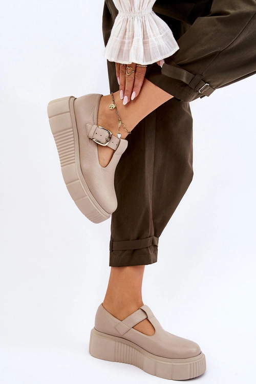 Zazoo 20102 Modne Skórzane Półbuty Na Masywnej Platformie Beżowe