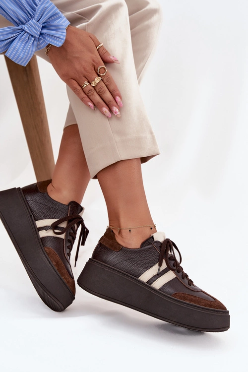 Skórzane Sneakersy Damskie Na Platformie Zazoo 3775 Czekoladowe