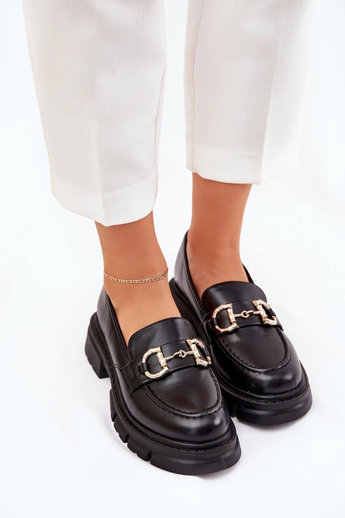 Mokasyny Damskie Eko Skórzane Ze Złotym Detalem Czarne Ravalissea