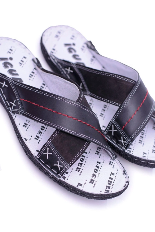 Czarne Lekkie Skórzane Męskie Klapki Okay