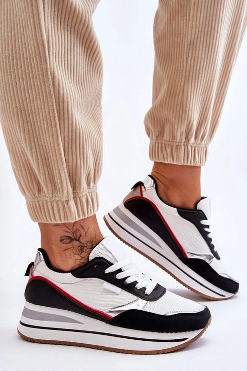 Damskie Buty Sportowe Na Koturnie I Platformie Biało-Czarne Allen