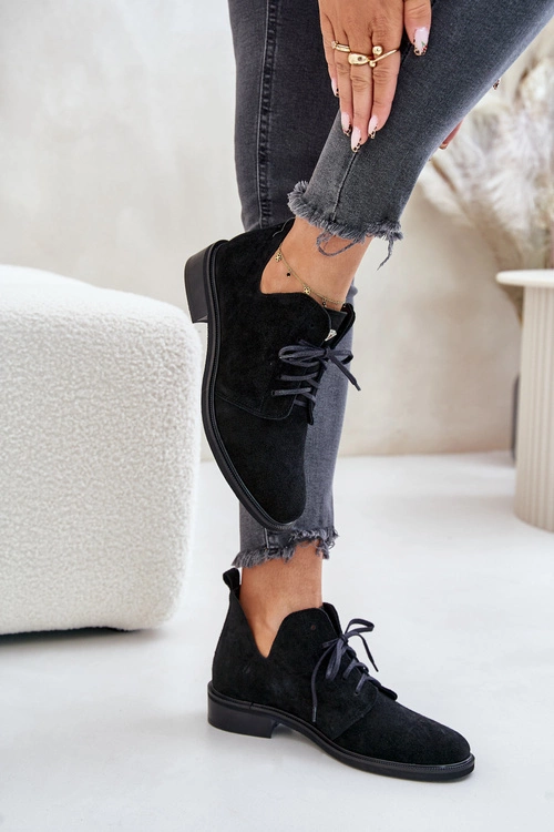 Zazoo 2959 Zamszowe Półbuty Oksfordki Sznurowane Na Płaskim Obcasie Czarne