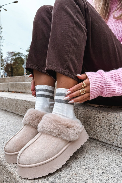 Śniegowce Damskie Na Platformie Z Futerkiem I Haftem Beżowe Querina