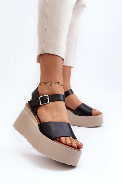 Damskie Sandały Na Koturnie Czarne Geferia