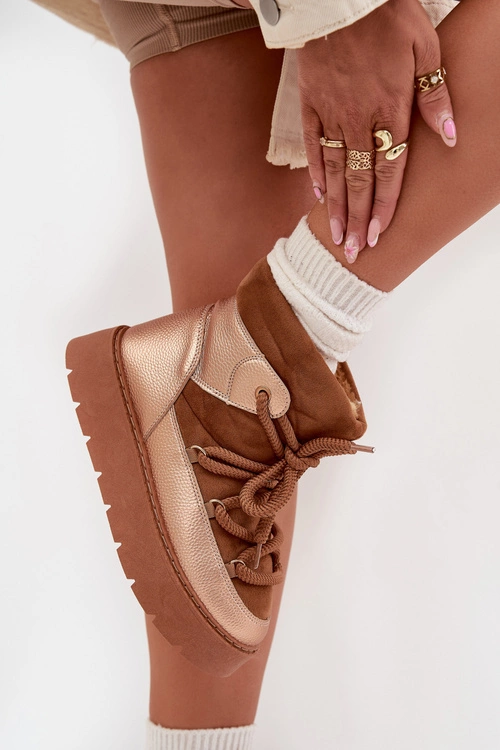 Niskie Śniegowce Damskie Ocieplane Futerkiem Z Grubym Wiązaniem Camel Xarina