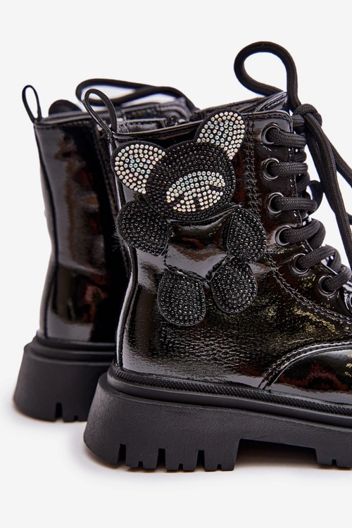 Ocieplane Botki Dziewczęce Z Misiem Na Zamek Lakierowane Czarne Relobia