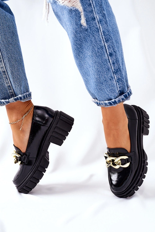 Damskie Półbuty Loafery Skórzane Czarne Laura Messi 2339