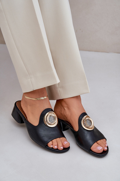 Eleganckie Klapki Damskie Na Niskim Obcasie Z Ozdobą Czarne Feledis